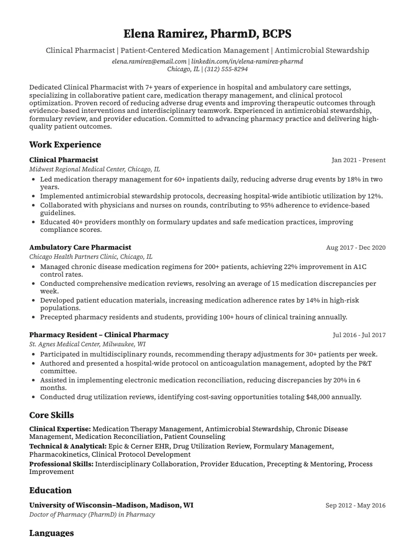 Clinical Pharmacist Resume Example