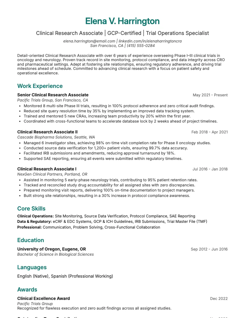Clinical Research Associate Resume Example