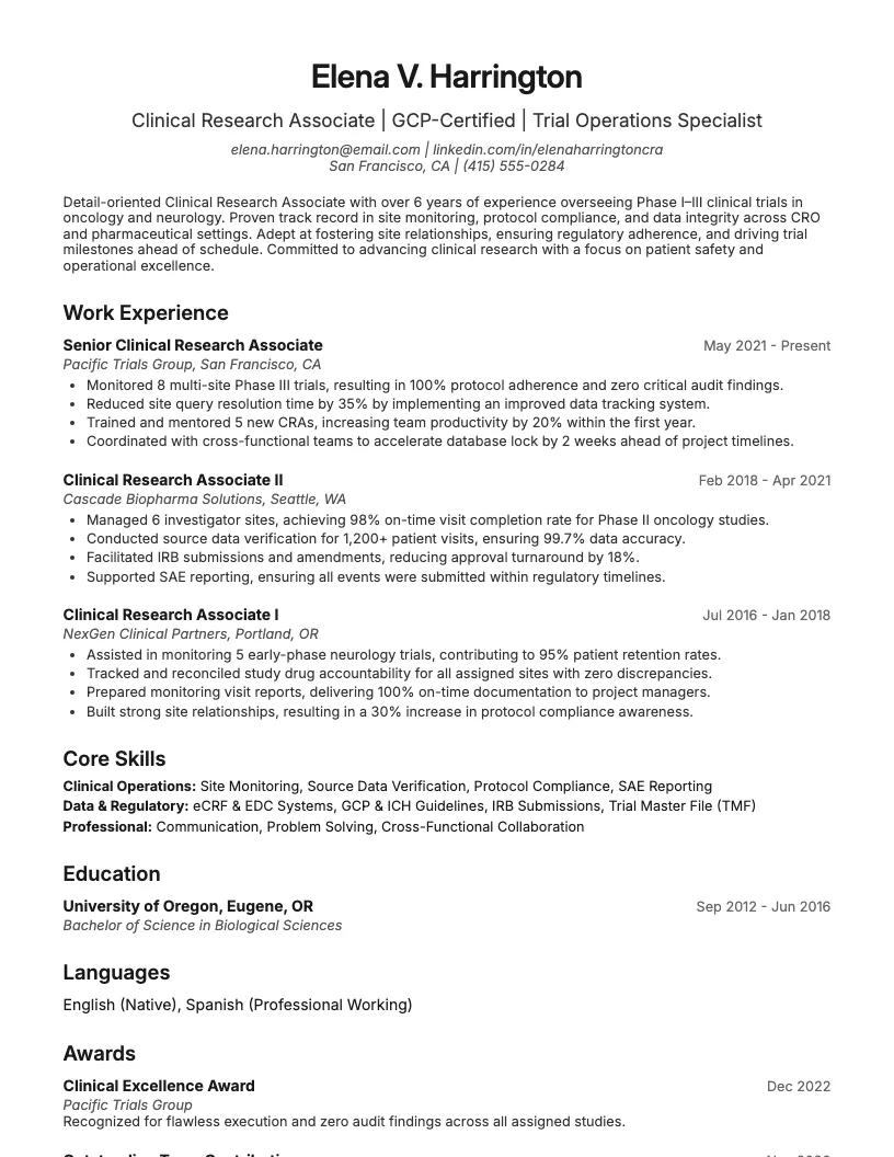 Clinical Research Associate Resume Example