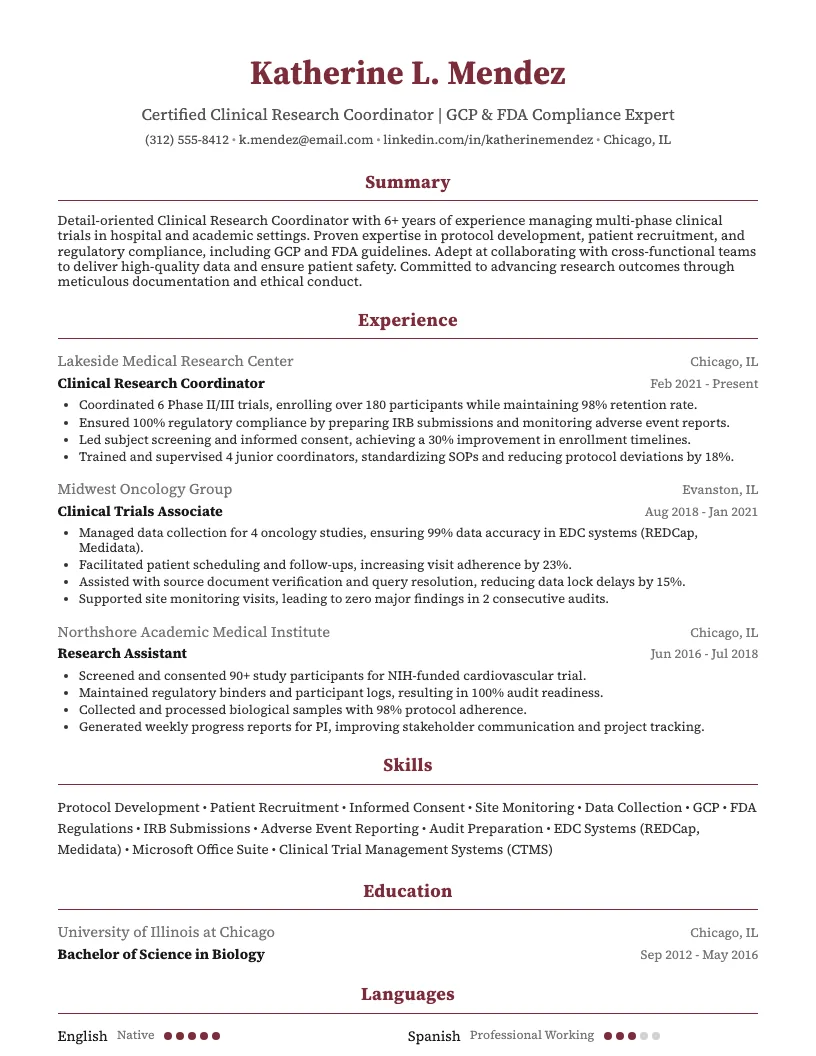 Senior Clinical Research Coordinator Resume Example