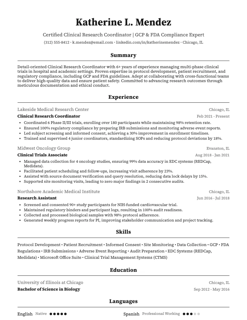 Clinical Research Coordinator Resume Example