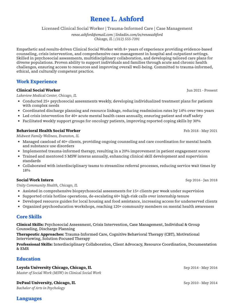Clinical Social Worker Resume Example