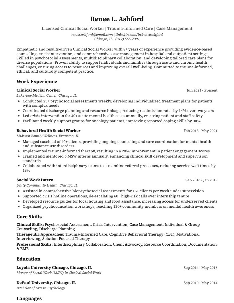Clinical Social Worker Resume Example