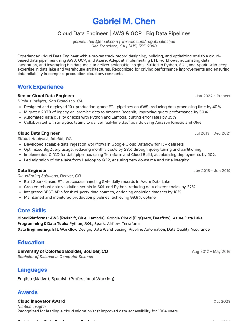 Cloud Data Engineer Resume Example