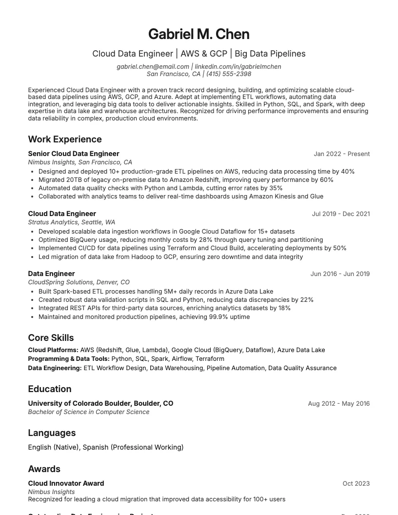 Cloud Data Engineer Resume Example