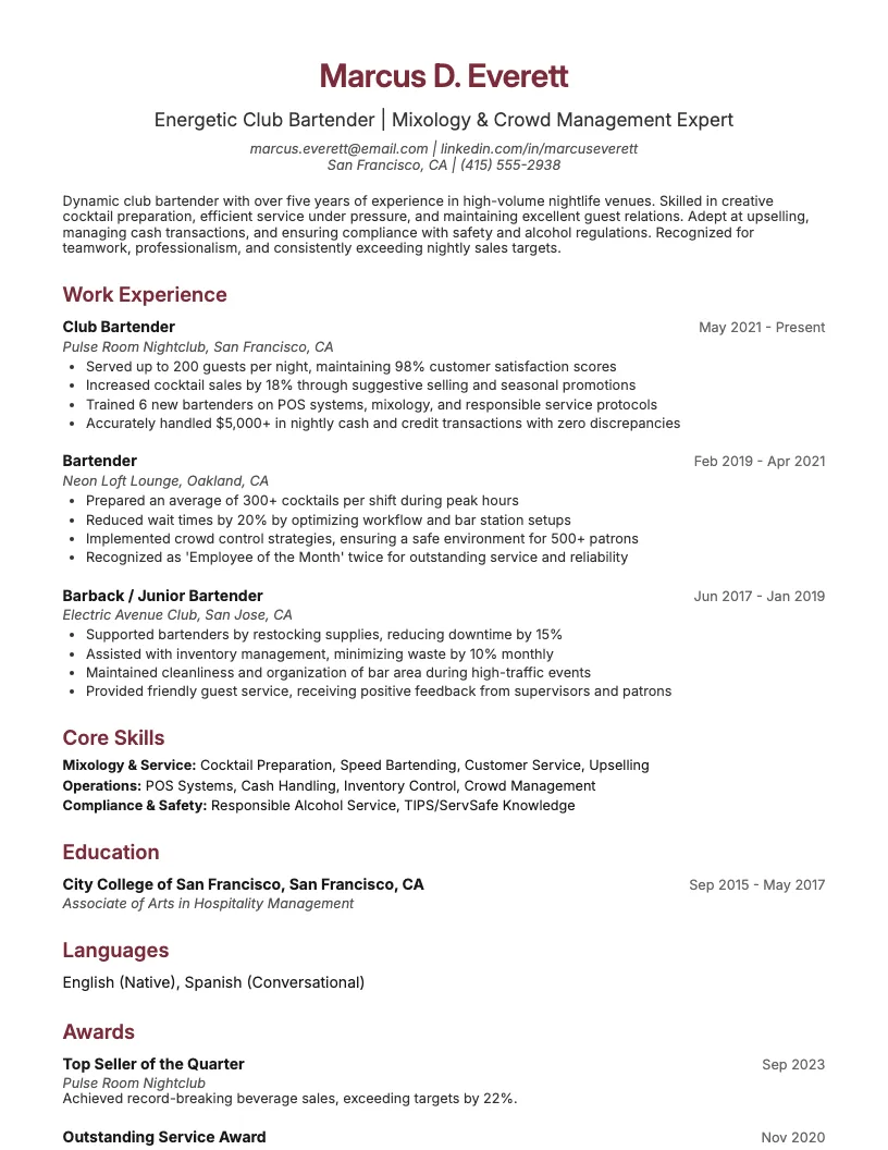 Club Bartender Resume Example