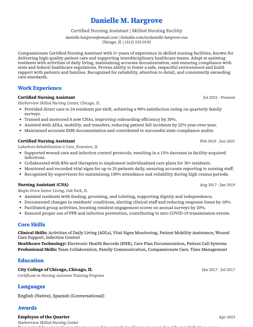 Cna Skilled Nursing Facility Resume Example