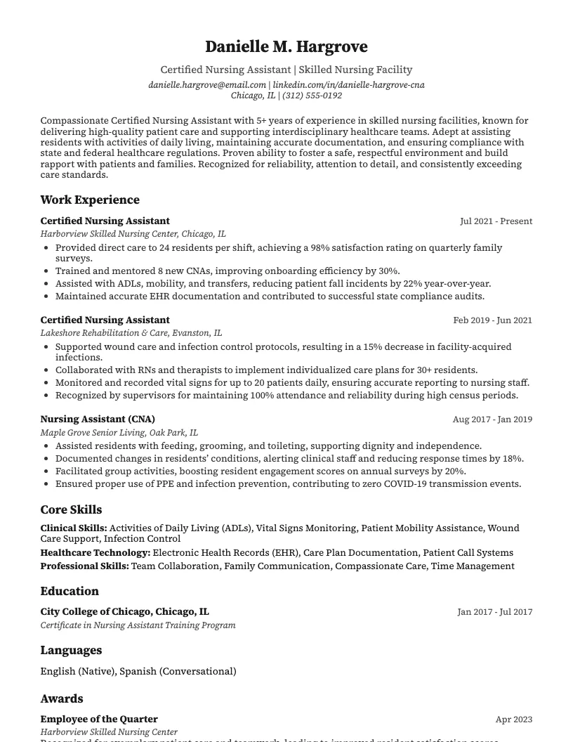 CNA (Skilled Nursing Facility) Resume Example