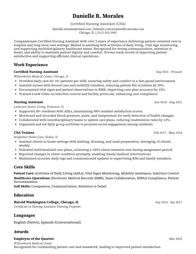 Certified Nursing Assistant (CNA) Resume Example