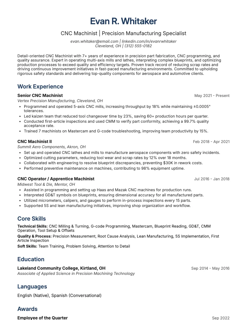 Lathe Operator Resume Example