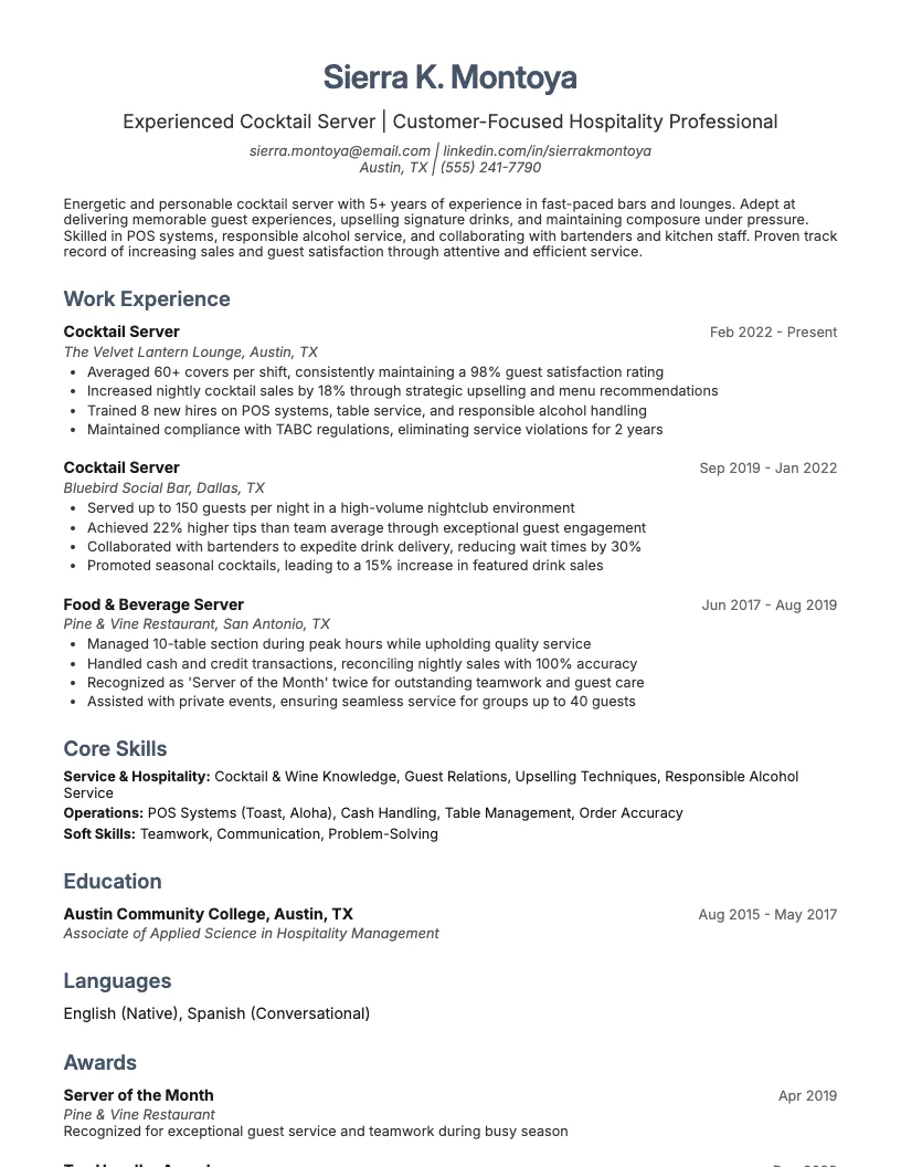 Cocktail Server Resume Example