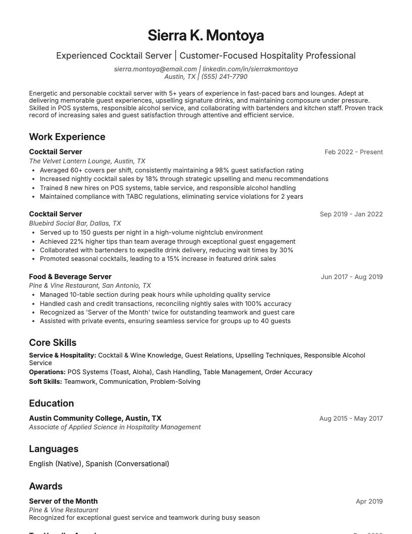 Cocktail Server Resume Example