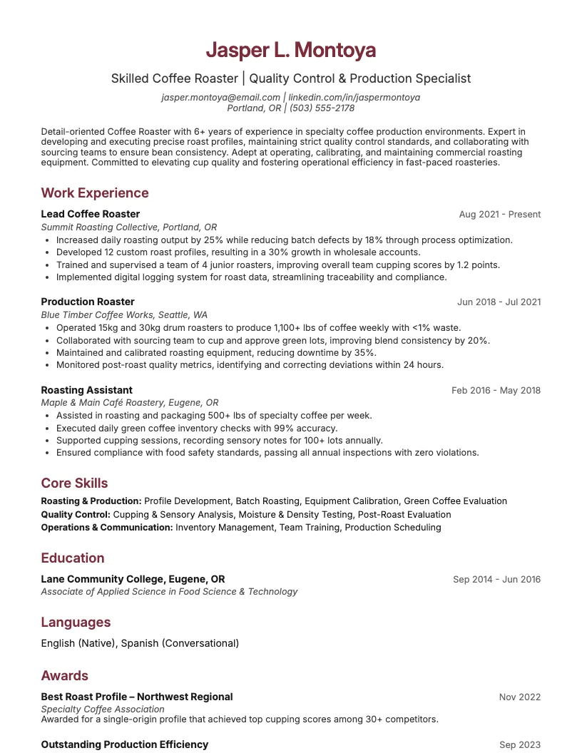 Coffee Roaster Resume Example