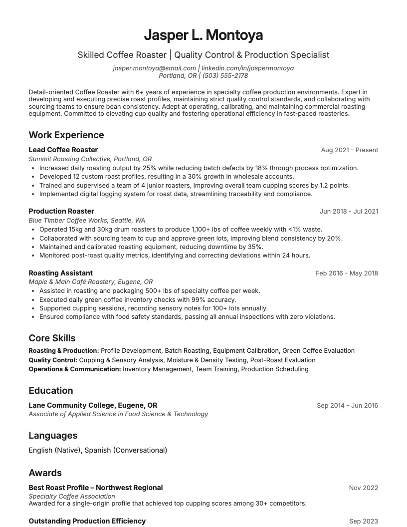 Coffee Roaster Resume Example