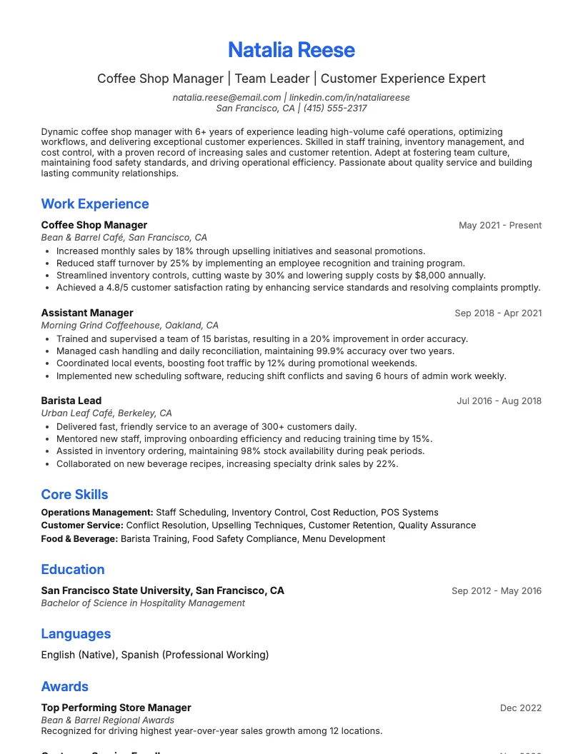 Coffee Shop Manager Resume Example
