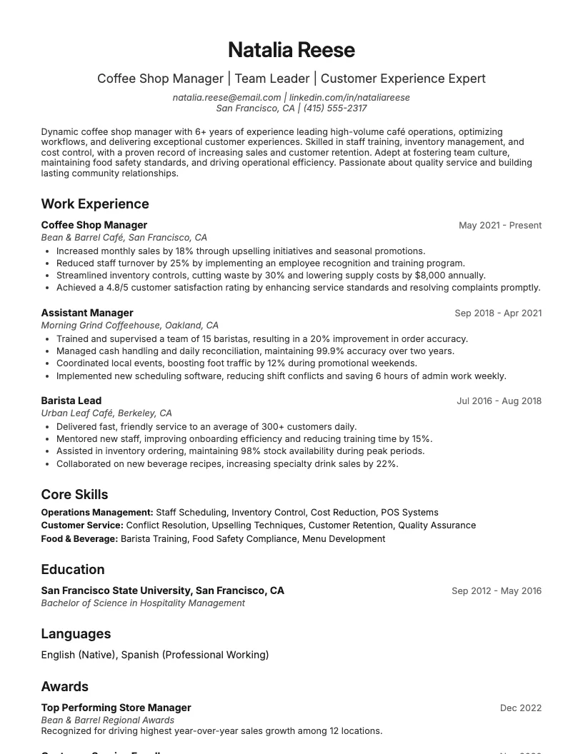 Coffee Shop Manager Resume Example