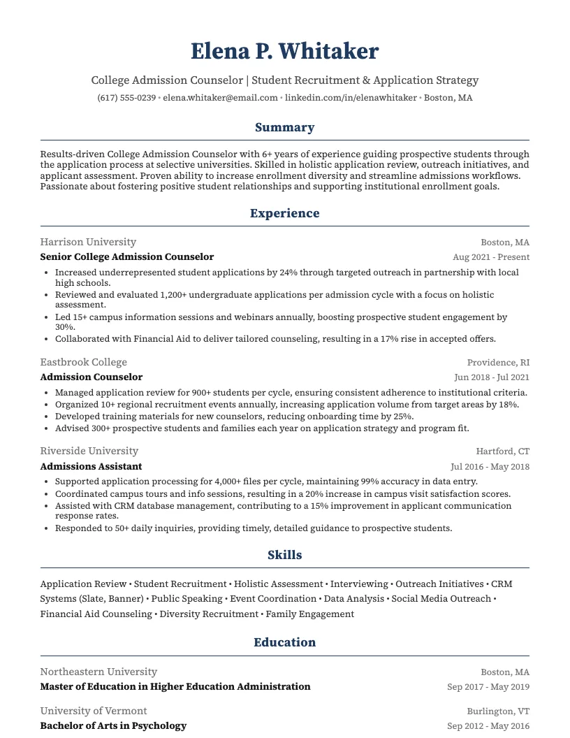 College Admission Counselor Resume Example