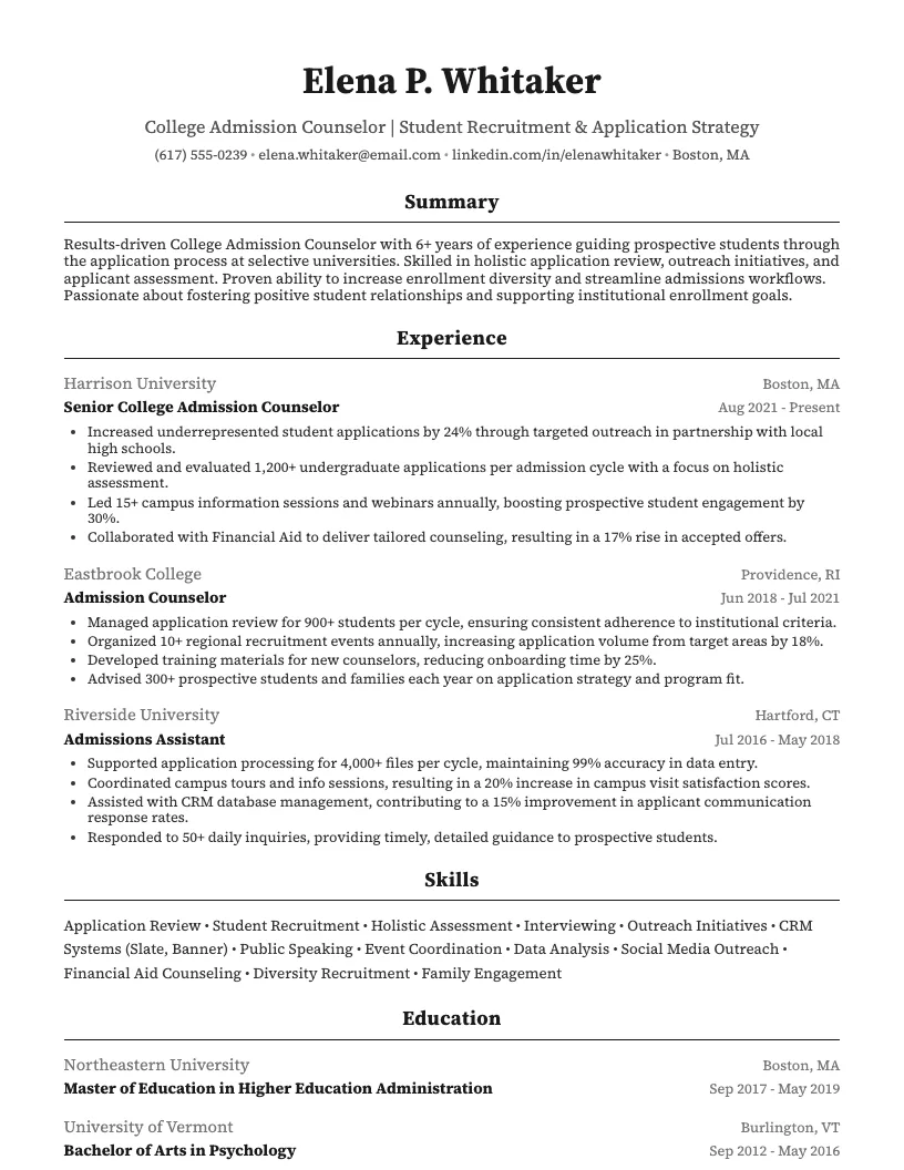 College Admission Counselor Resume Example