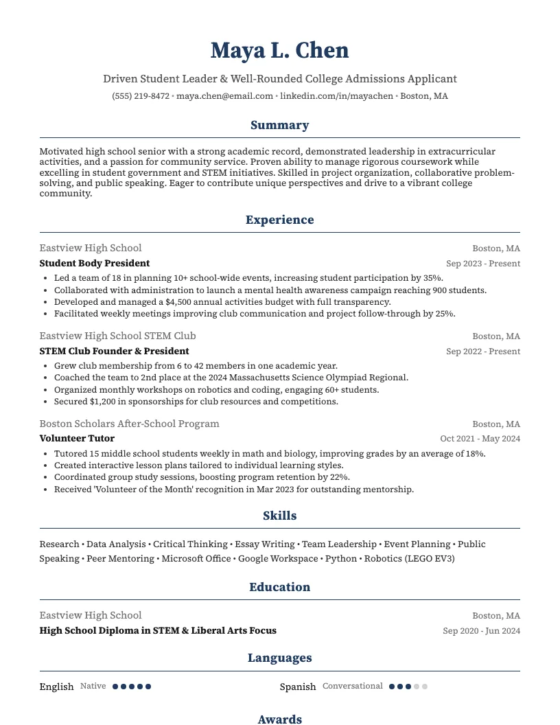 College Admissions Applicant Resume Example