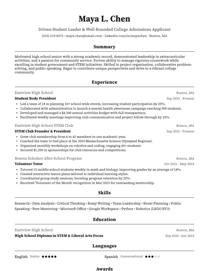 College Admissions Applicant Resume Example