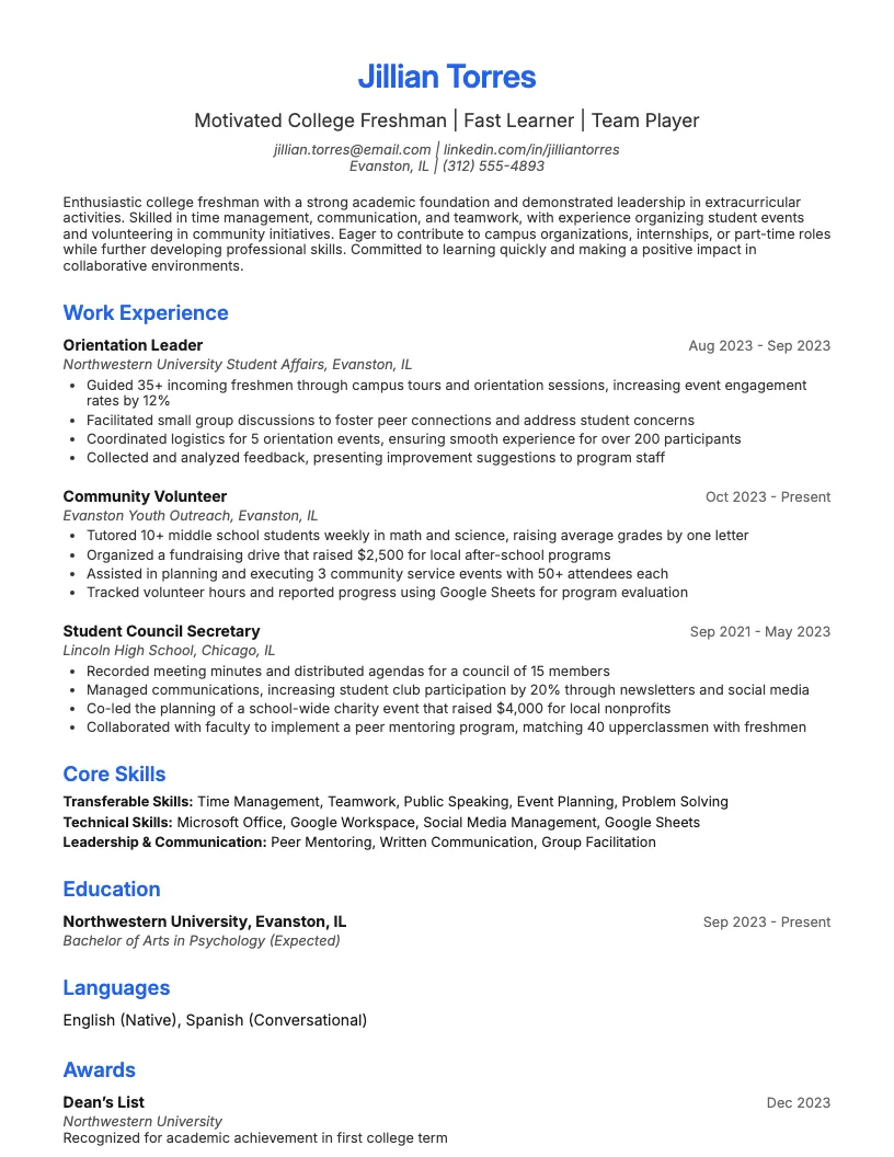 College Freshman Resume Example