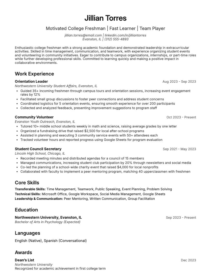 College Freshman Resume Example