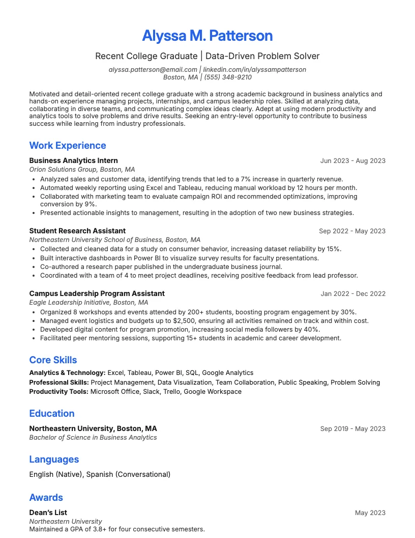 Business Administration Graduate Resume Example