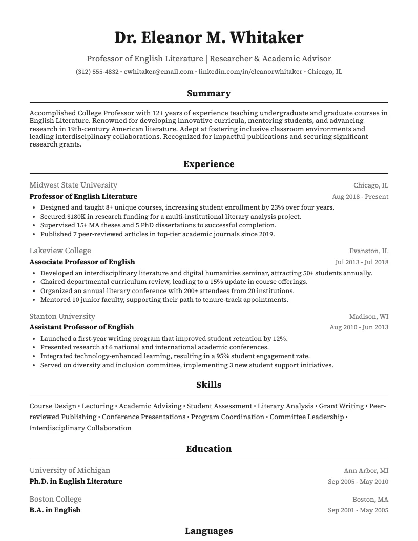 Professor resume example
