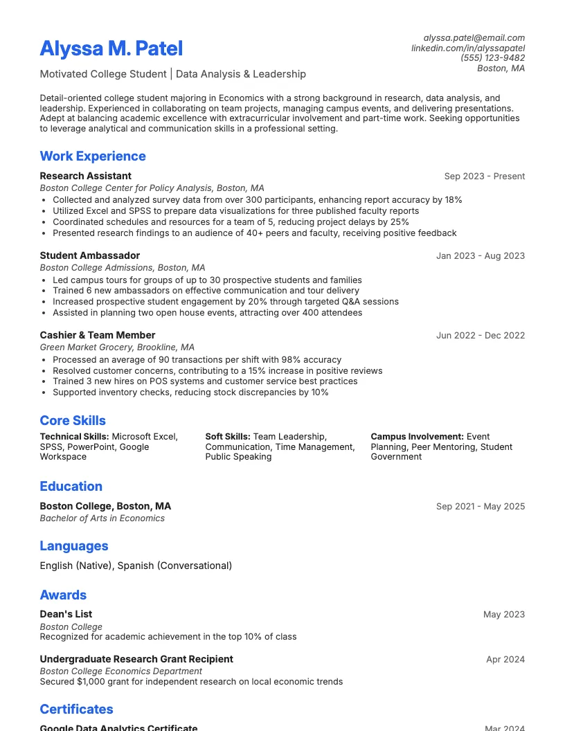 Student Organization Leader Resume Example