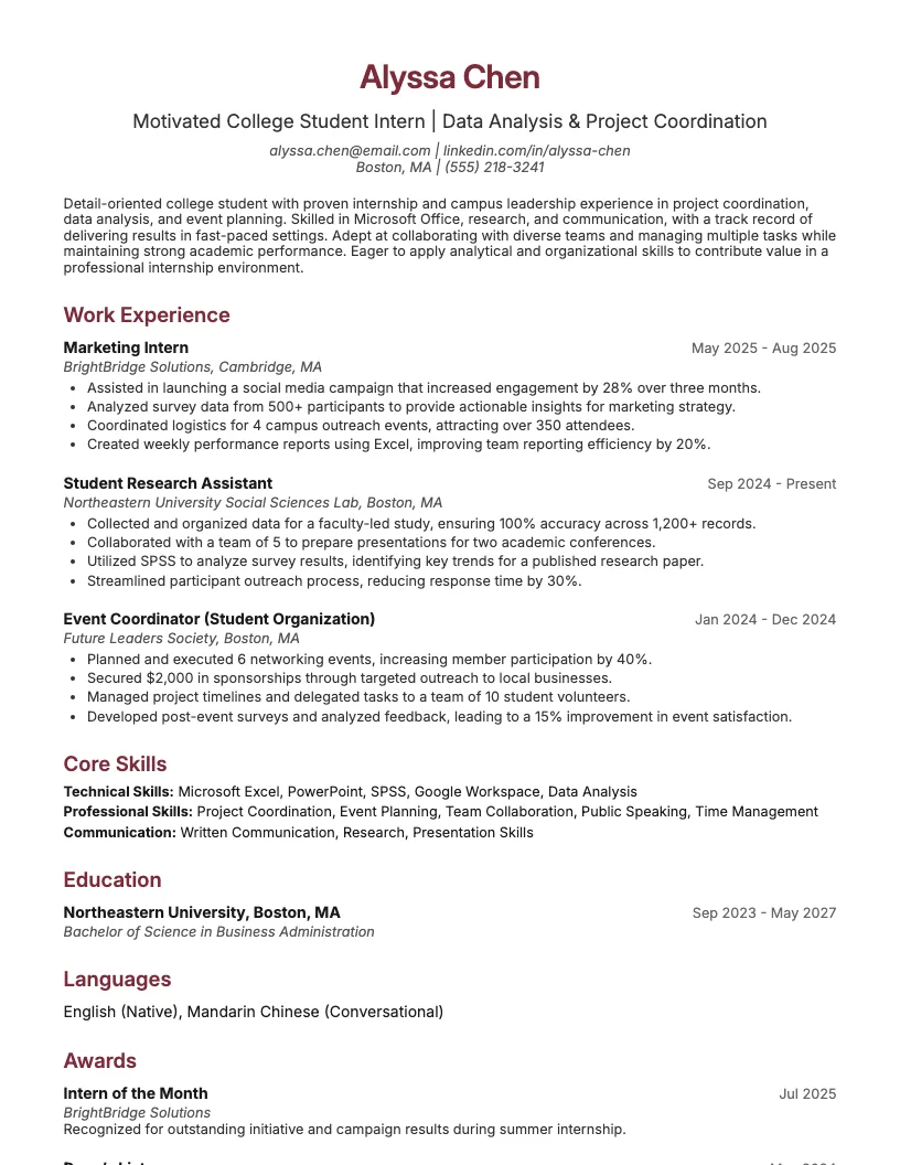 College Student Intern Resume Example