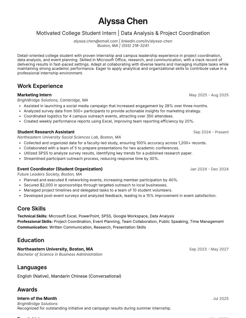 Software Engineer Intern Resume Example