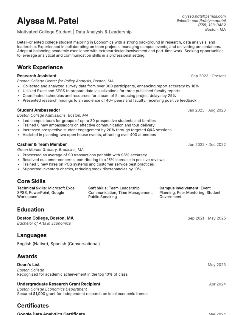 College Student Resume Example