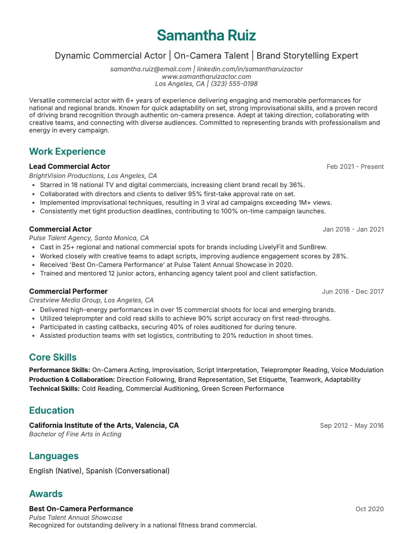 Commercial Actor Resume Example