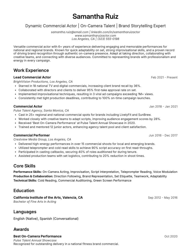 Commercial Actor Resume Example