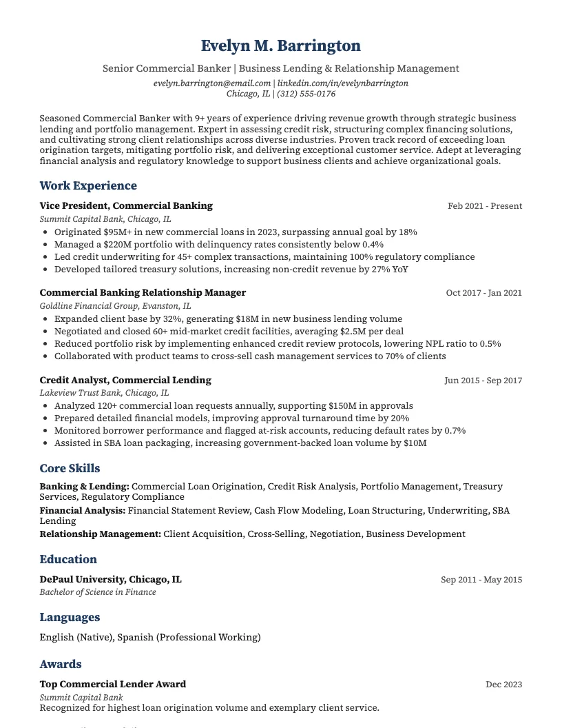 Commercial Banker Resume Example