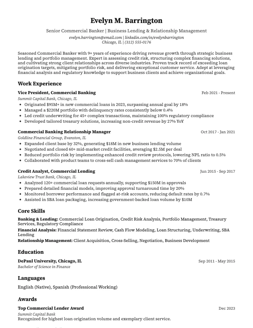 Commercial Banker Resume Example