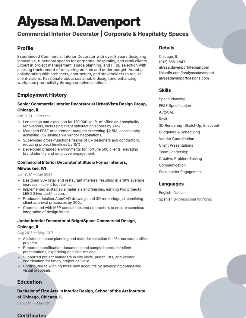 Commercial Interior Decorator Resume Example
