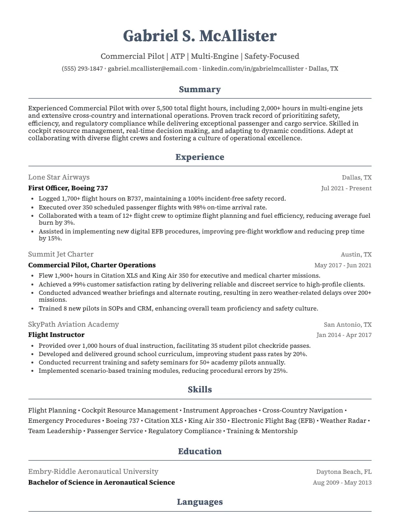 Commercial Pilot Resume Example