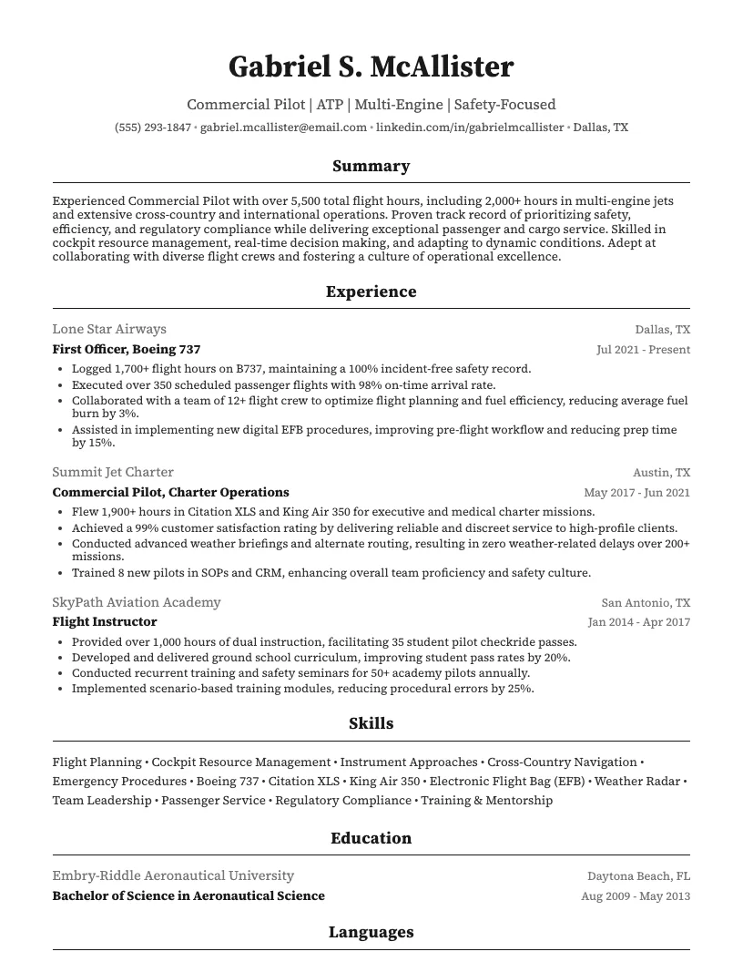 Commercial Pilot Resume Example