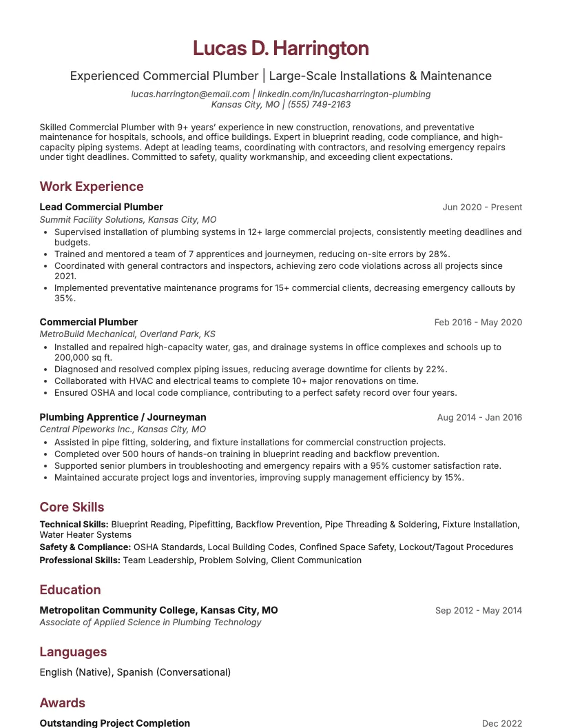 Commercial Plumber Resume Example