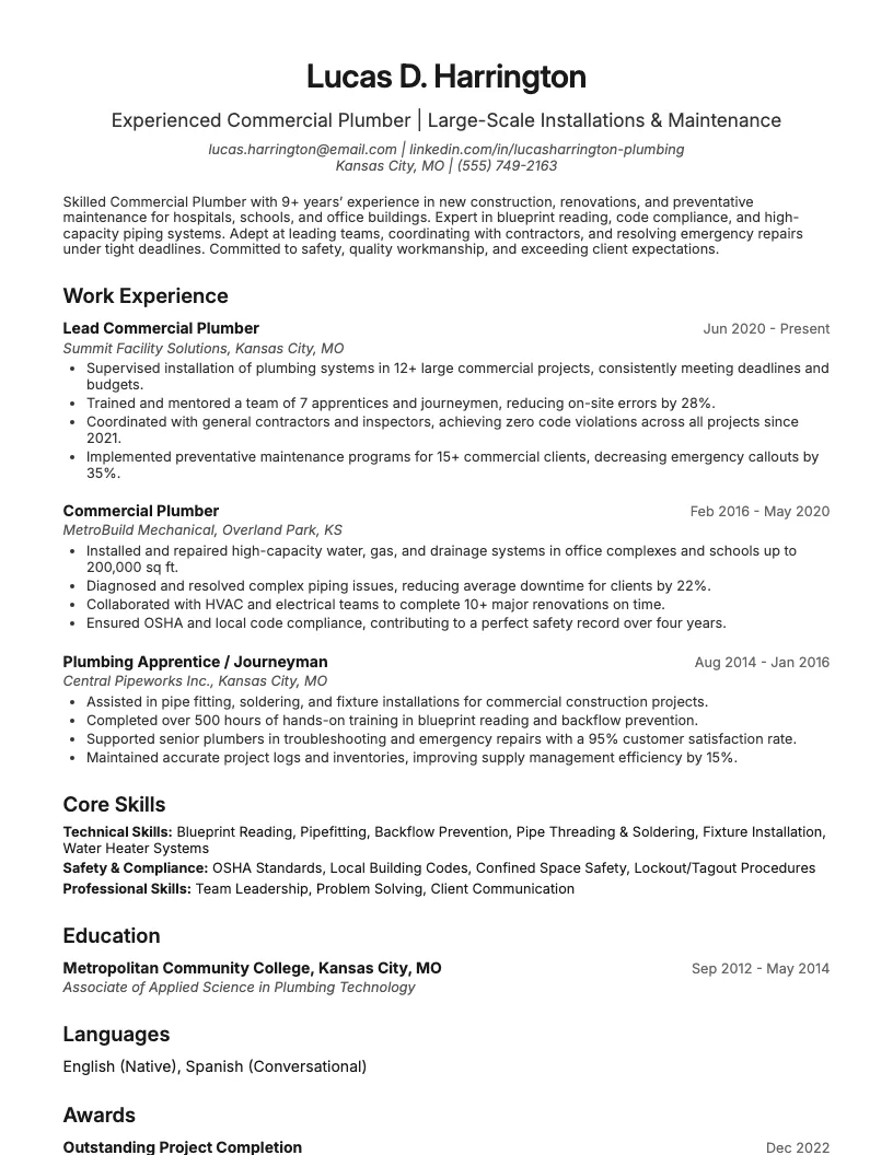 Commercial Plumber Resume Example