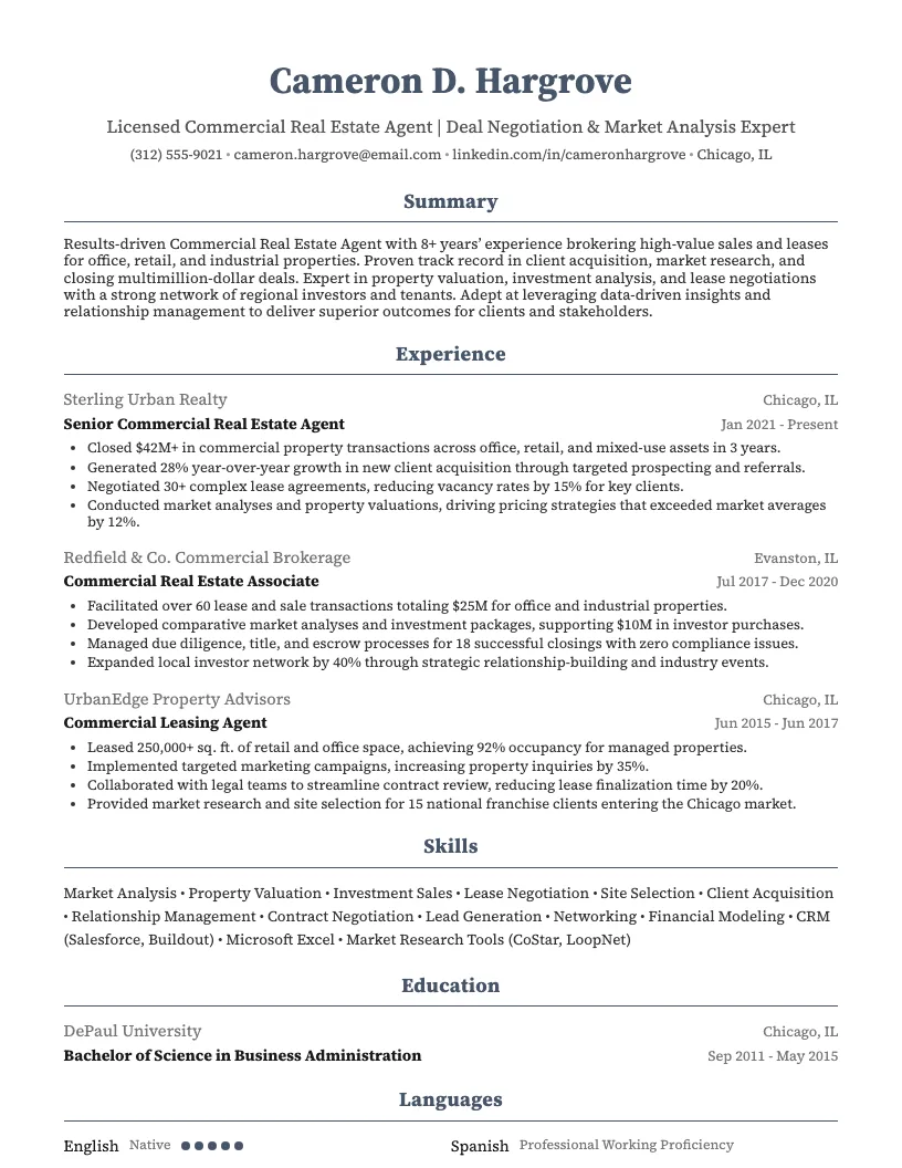 Commercial Real Estate Agent Resume Example