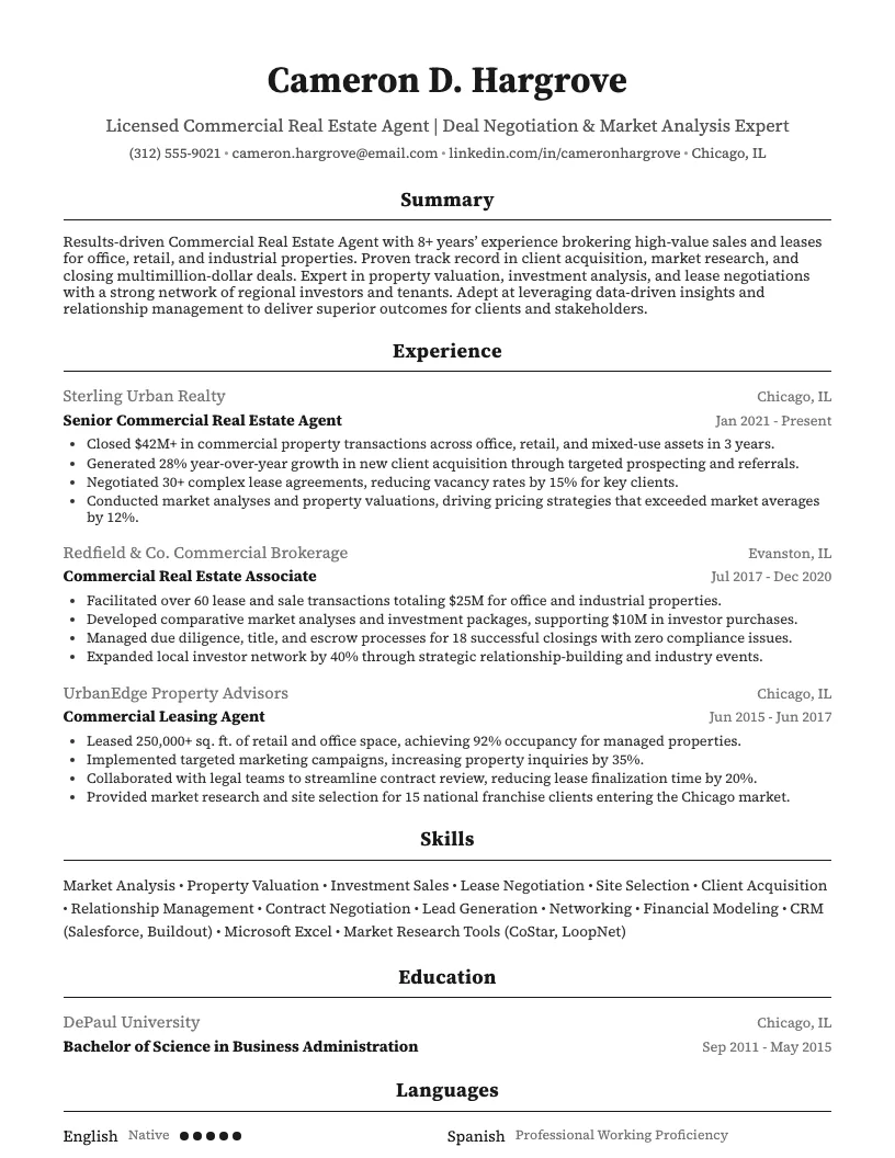 Commercial Real Estate Agent Resume Example