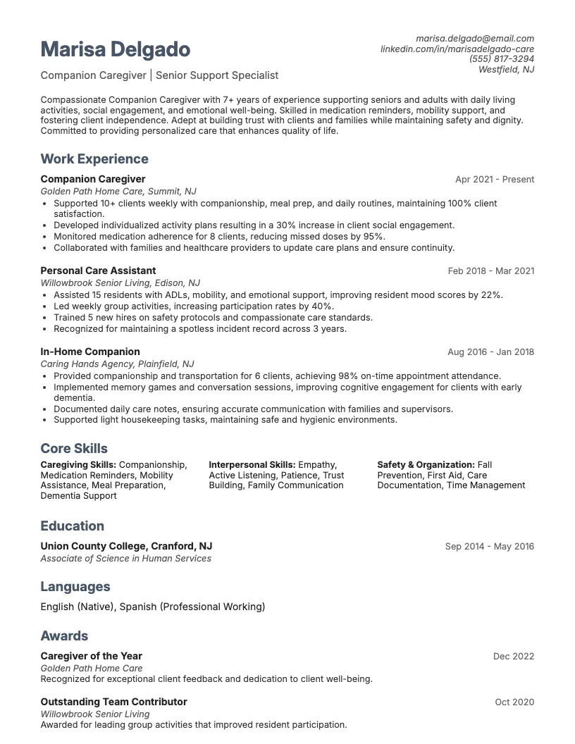 Companion Caregiver Resume Example