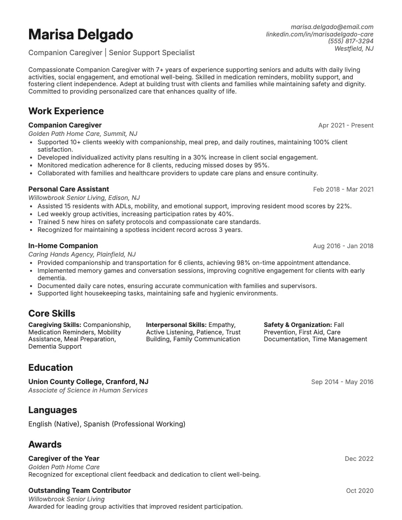 Companion Caregiver Resume Example