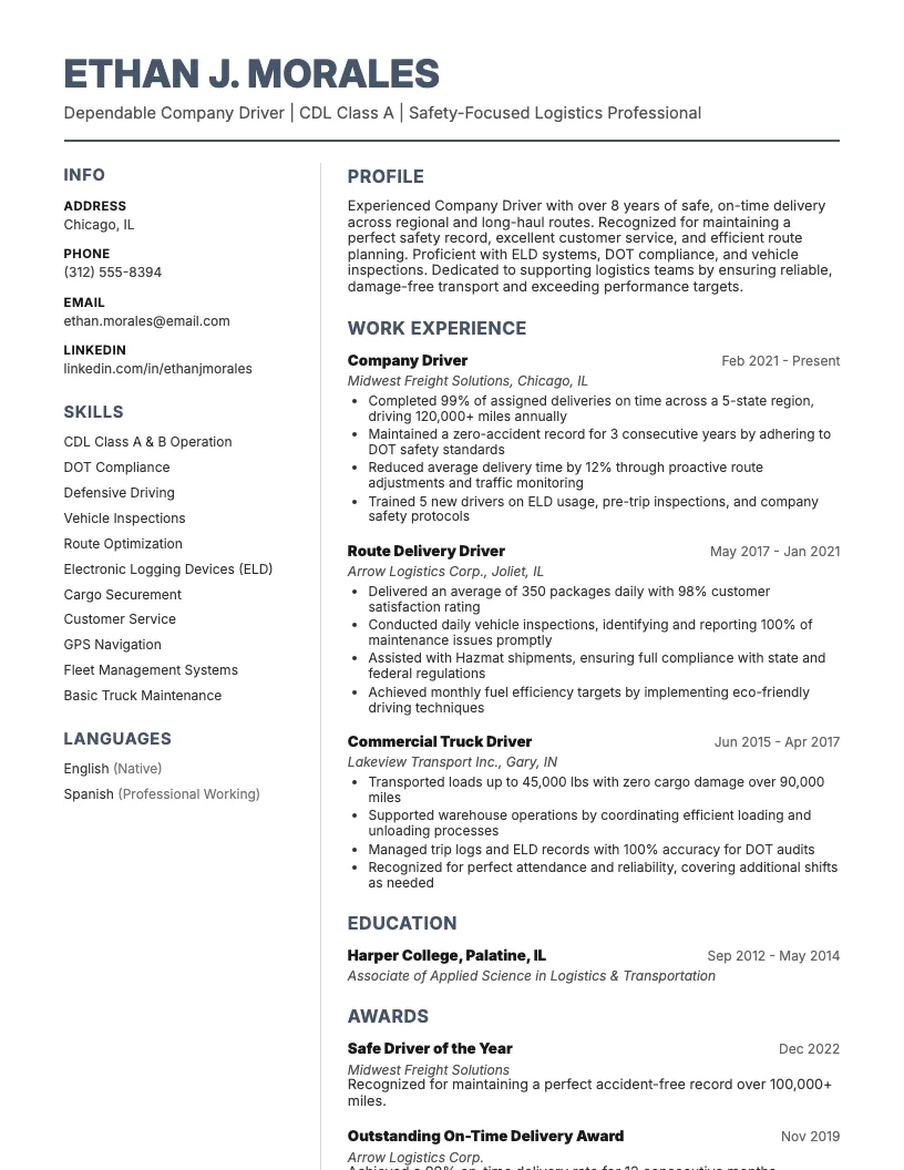 Company Driver Resume Example