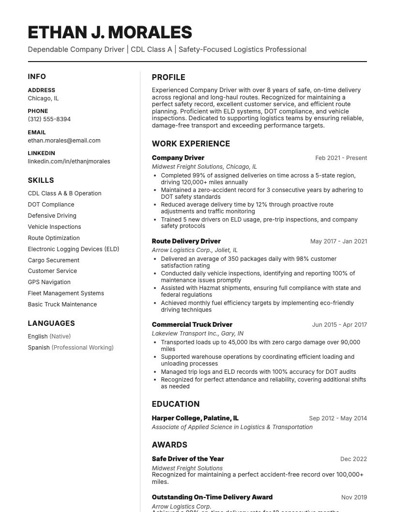 Company Driver Resume Example