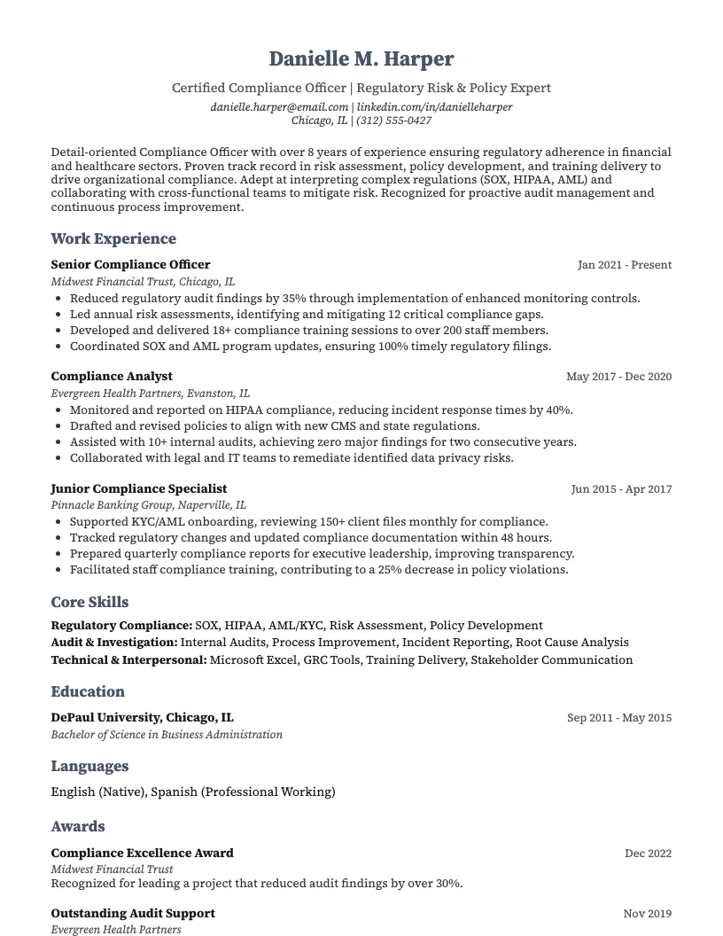 Compliance Officer Resume Example