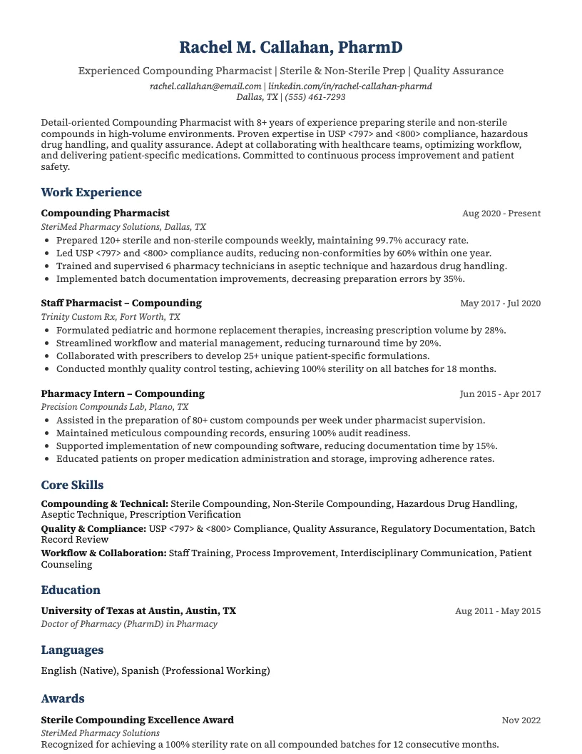 Compounding Pharmacist Resume Example