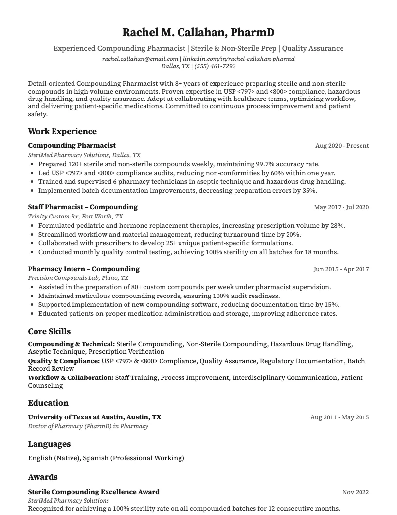 Compounding Pharmacist Resume Example